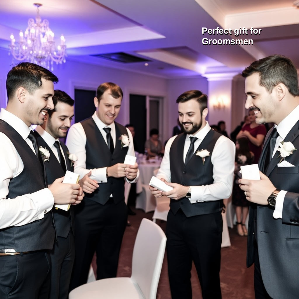 Group of men in formal attire with a chandelier in the background, labeled 'Perfect gift for Groomsmen'.